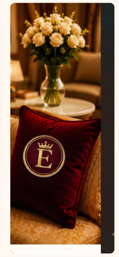 Elegant floral arrangement beside a velvet cushion embroidered with the EliteNRIsClub crest